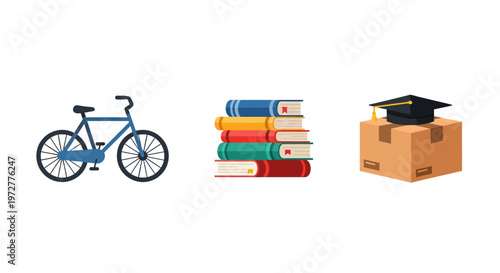 Bicycle books and graduation cap on box: symbols of learning