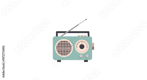 Retro radio with antenna in flat style on white background