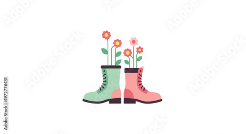 Colorful boots with flower blooms in minimalist style