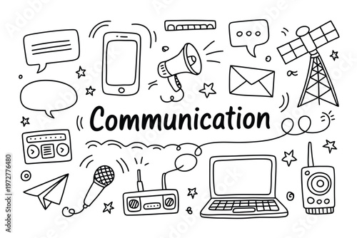 Various communication devices and symbols in a hand drawn style