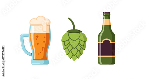 Beer elements collection: pint glass hop cone and bottle