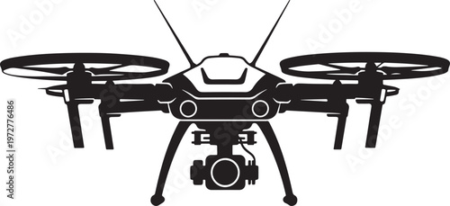 Front view silhouette of a modern camera drone with multiple propellers and a gimbal-mounted camera with black and white with quad rotor