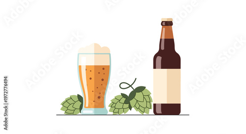 Craft beer with glass and hops