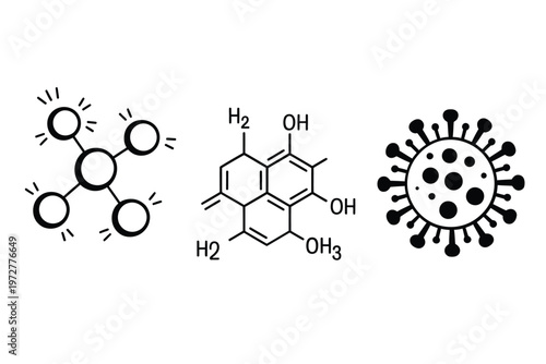 Molecular structures and a coronavirus illustration displayed in black and white