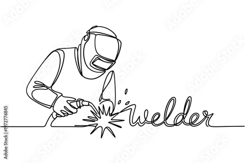 Continuous line drawing of a welder working with sparks flying