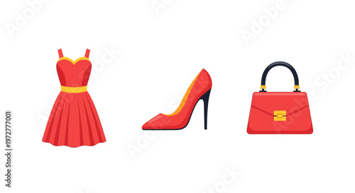 Fashion essentials: dress high heel and handbag in bold red