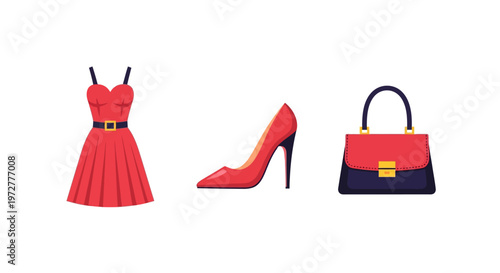 Elegant red dress high heel shoe and handbag set in flat design