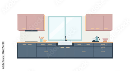 Modern flat design kitchen with pastel cabinets and window view
