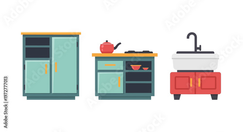 Modern flat kitchen elements with cabinets stove and sink