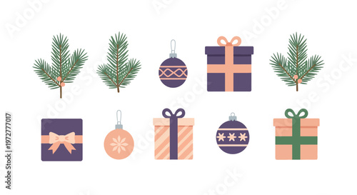 Flat design christmas elements: gifts ornaments and pine branches