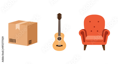 Minimalist icons of cardboard box acoustic guitar and cozy armchair