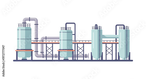 Modern industrial plant with distillation columns in flat design