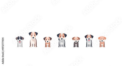 Cute cartoon puppies in lineup with various expressions and colors