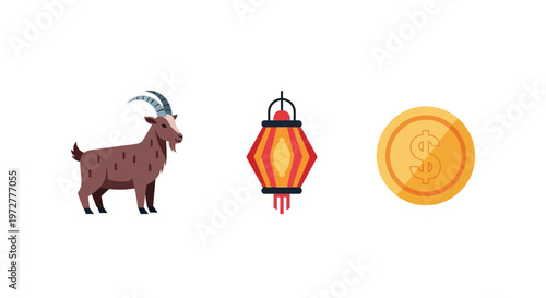 Colorful goat lantern and coin icons on white background