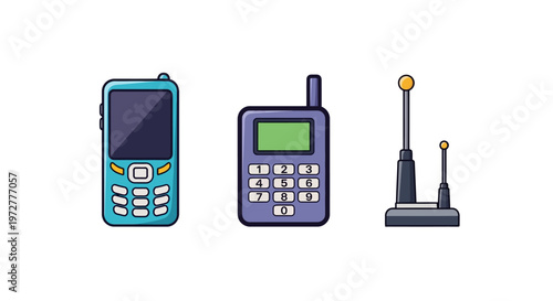 Retro cell phones and vintage antenna set in cartoon style