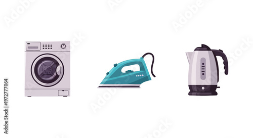 Home appliances: washing machine iron and electric kettle