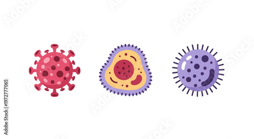 Colorful cartoon microbes and viruses on white background