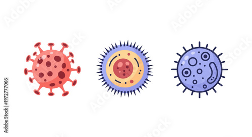 Colorful microorganisms set with different virus and bacteria designs