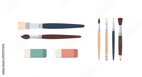 Artistic tools collection: flat brushes pencils and erasers