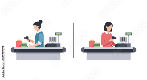 Flat style cashier scanning items at checkout counter graphic design