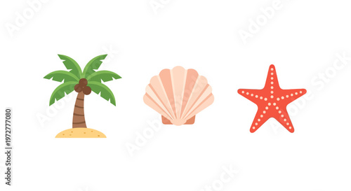 Tropical beach elements: palm tree seashell and starfish icons