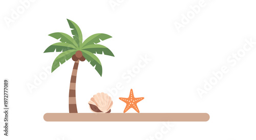 Flat design tropical beach scene with palm tree and starfish