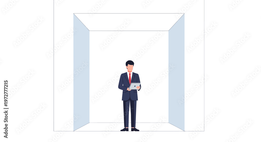 Fototapeta premium Businessman in minimalist 3d room with laptop