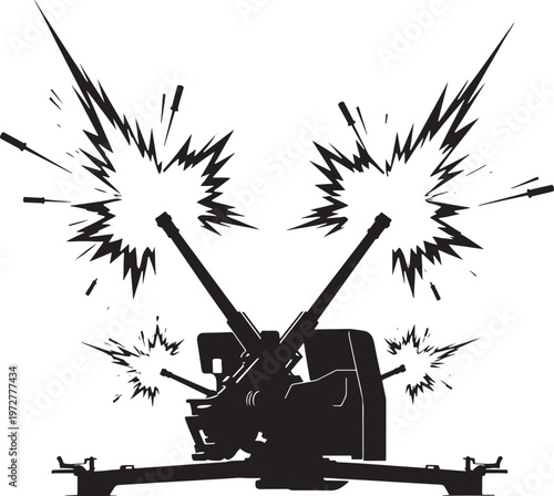 Silhouette of a twin-barreled anti-aircraft gun firing with explosive muzzle flashes with muzzle flash with artillery piece with air defense