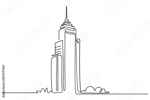 Continuous line drawing of a tall skyscraper with detailed architectural features