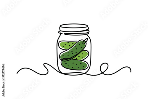 Line drawing of a glass jar filled with green pickles