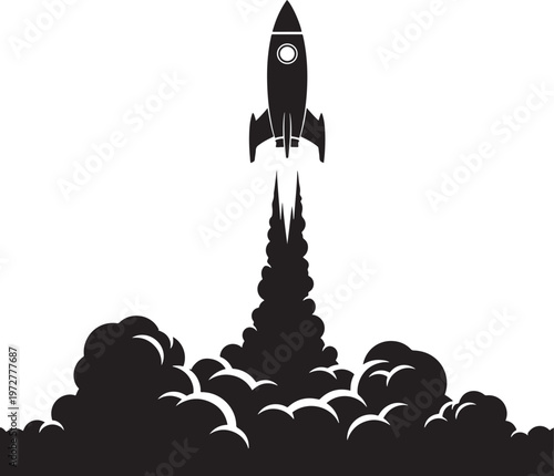 Silhouette of a rocket launching into the sky with a large plume of smoke with rocket launch with space exploration with lift off