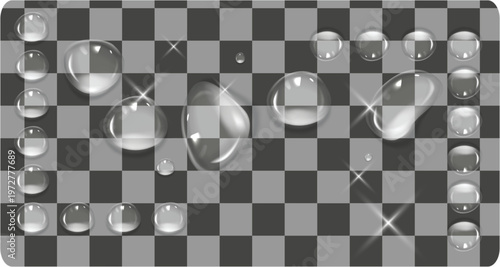 Water droplets on a gray checkered background water drops