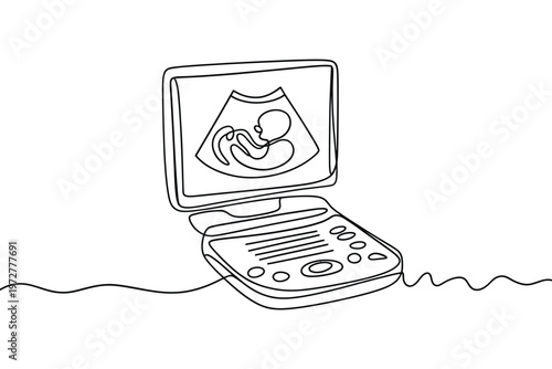 Line drawing of an ultrasound machine displaying a fetal image