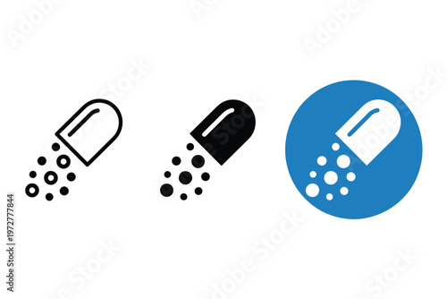 Pills breaking apart line art and solid fill icons with scattered granules