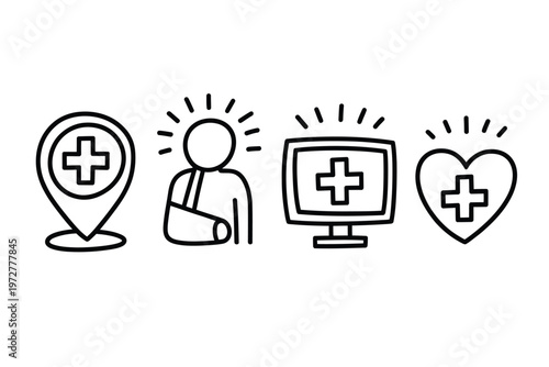 Healthcare icons depicting medical services location and digital health