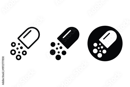 Black and white illustration of pills breaking and releasing contents