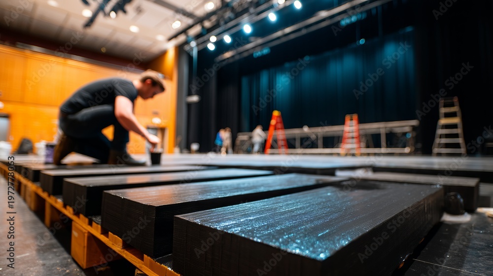 Fototapeta premium Stage Technician Painting Matte Black Wood for Theater Performance Setup