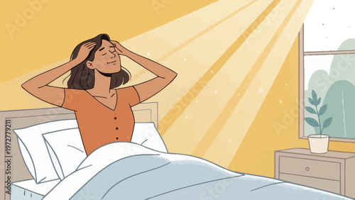 A woman sitting in bed with her hands on her head, experiencing stress or frustration in a bright and sunny room