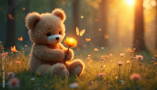 Plush bear sits in grassy meadow holding glowing flower. Butterflies flutter around the cute toy. Gentle sunbeams light up the forest scene.