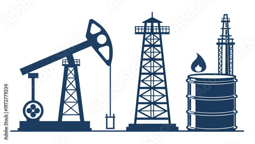 An illustration of oil rigs and a barrel with a flame, symbolizing the oil industry and energy production.