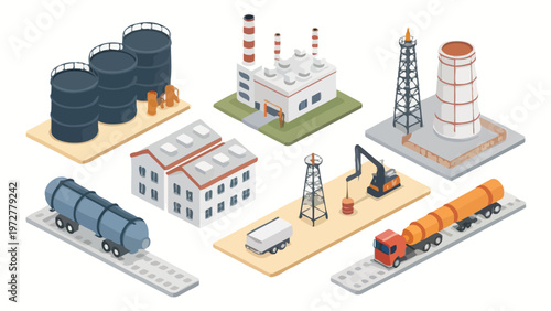 An isometric illustration of various industrial facilities and vehicles used for oil and gas production and transportation