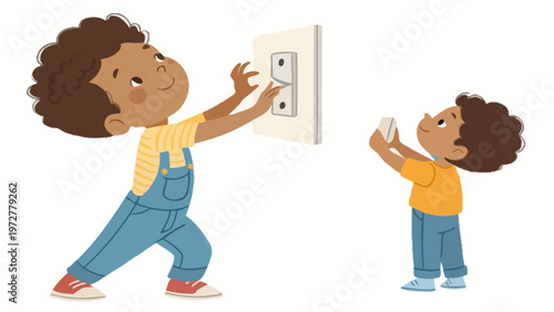 Two young boys engaging in playful electrical exploration with a light switch and a light bulb