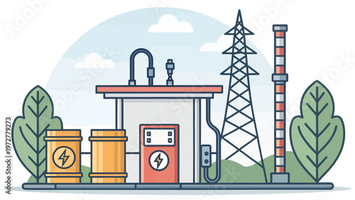 An illustration of a modern electric fuel station with a power tower and smokestack in a natural setting
