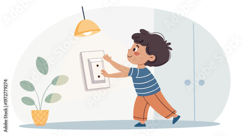 A young boy reaching up to turn on a light switch in a bright room with a plant