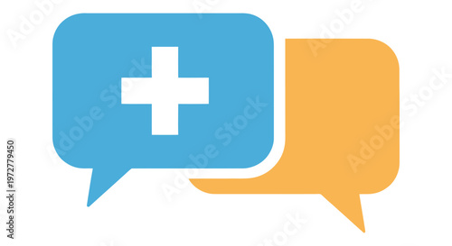 Vector illustration of medical chat icons with a blue speech bubble containing a white cross and an orange speech bubble on a white background, ideal for healthcare and communication concepts.