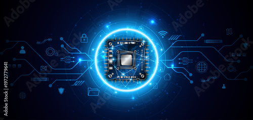 Microchip processor circuit board technology on dark blue background. Information Processing Concept. Circuit board hi-tech technology background. vector illustration