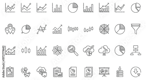 collection of line icons depicting various business charts and graphs for presentations and reports