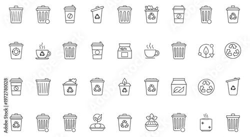 a collection of line art icons depicting various recycling bins, trash cans, and waste management symbols for eco-friendly and environmental concepts