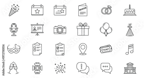 a collection of line icons for celebration, birthday and party themes, in black and white