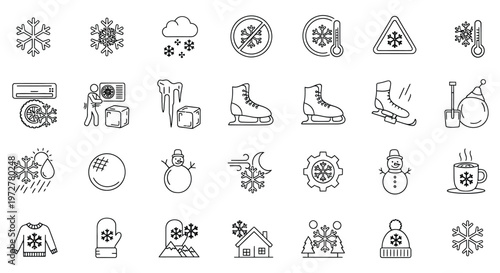 A collection of line icons depicting winter weather and cold concepts, including snowflakes, clothing, and objects.